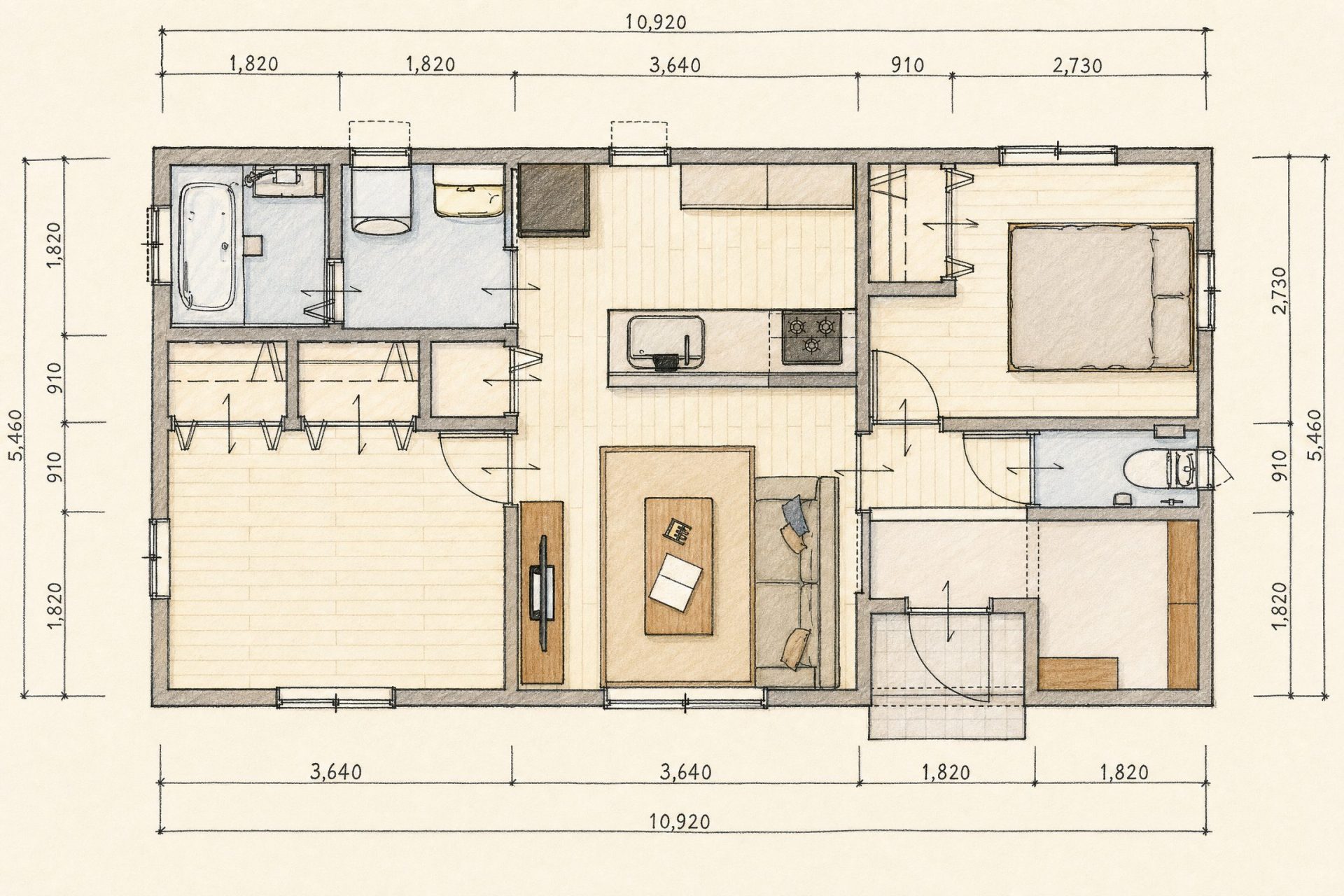18坪2LDKの平屋間取り図。夫婦ふたりや一人暮らしに適したコンパクトなプラン