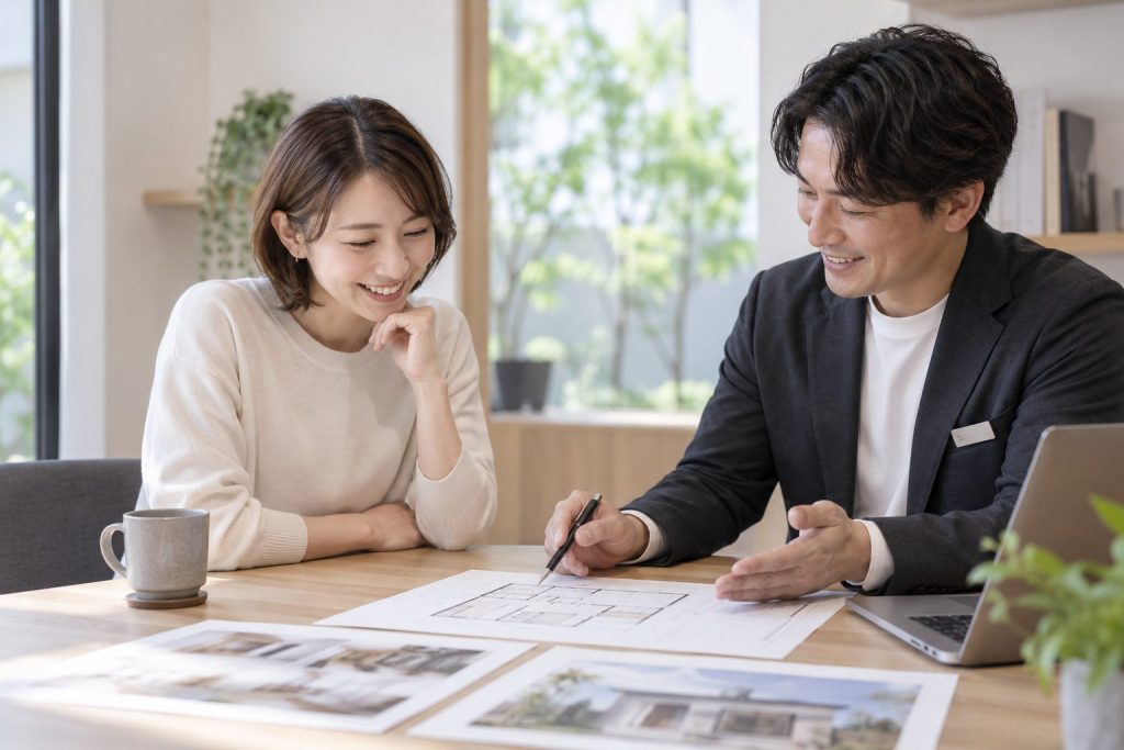 30代40代のおひとり様が平屋の間取りについてスタッフへ相談する様子